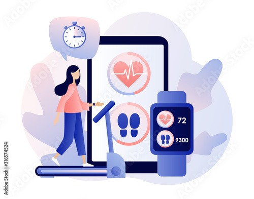 Fitness app and Smartwatch app technology concept. Tiny girl are sport training. Woman running on the treadmill. Active lifestyle and fitness training. Modern flat cartoon style. Vector illustration