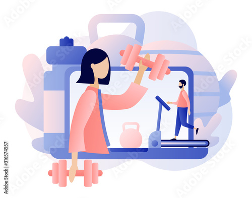 Fitness blog and Workout app concept. Online coach. Tiny people are sport training. Active lifestyle and fitness training. Modern flat cartoon style. Vector illustration on white background