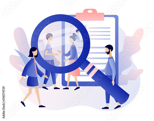 We are Hiring. Recruitment and headhunting agency. Finding professional staff and analyzing personnel resume. Jobs concept. Modern flat cartoon style. Vector illustration on white background