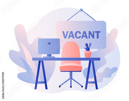 We are Hiring. Recruitment and headhunting agency. Jobs concept. Vacant job position. Workplace, workspace with no people. Modern flat cartoon style. Vector illustration on white background