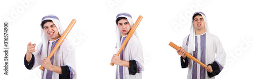 Aggressive arab man with baseball bat on white