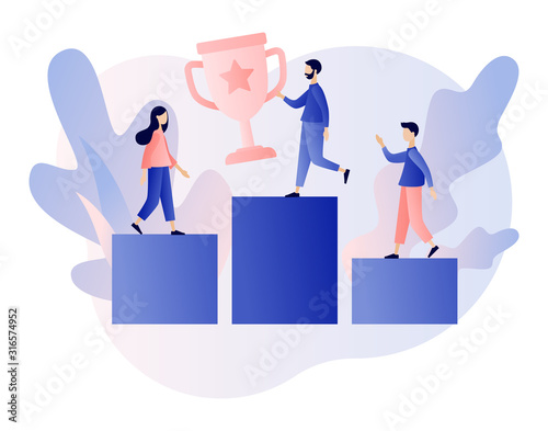 Success concept. Business Team Success, Achievement Concept. Tiny People with Prize, Cup. Modern flat cartoon style. Vector illustration on white background