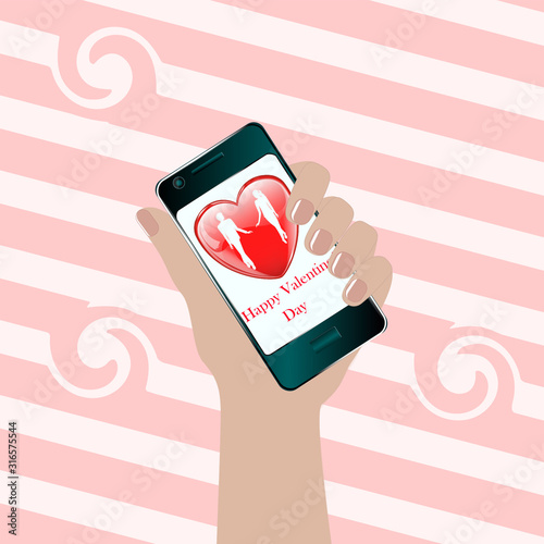 Hand holding smartphone - on screen pair of lovers and hearts - abstract light background - vector. Valentine's Day.