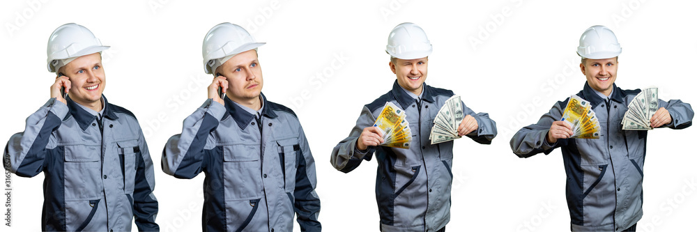 The builder in the orange helmet is incredibly rich. He received a large salary for repair work and now can celebrate. isolated The builder in the orange helmet is incredibly rich. He received a large salary for repair work and now can celebrate. isolated