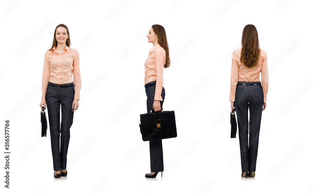 Pretty office manager holding briefcase isolated on white Pretty office manager holding briefcase isolated on white
