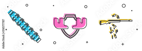 Set Hunting cartridge belt with cartridges, Moose horns on shield and Gun shooting icon. Vector