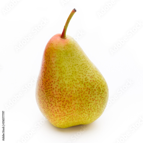 Fresh bio pear with leaves on isolated white background.