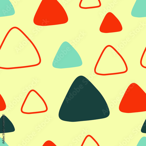 Triangular seamless pattern for wallpaper, fashion, children clothes, poster, cover, notebooks etc. Vector hand drawn illustration with triangles. Cartoon orange and blue triangles on the yellow backg