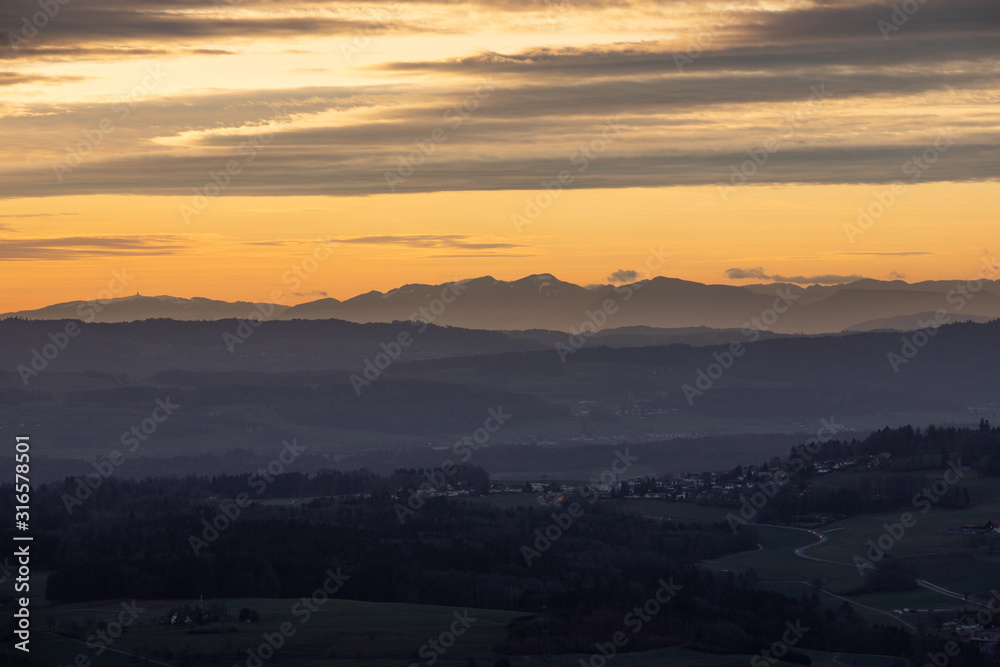 Fototapeta premium Sunset in the alps, Switzerland, Europe