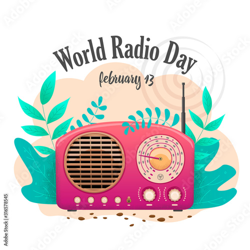 Banner international flat day radio isolated. For website, poster, brochure. Pink radio receiver in nature. Broadcast music. Abstract vector illustration