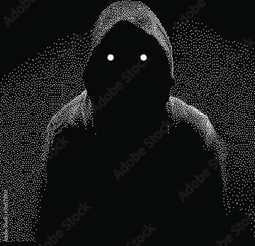 Anonymous woman or man in hood without face. Futuristic cyberpunk illustration in pixel art 8-bit style.