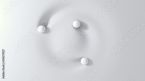 Three white balls rolling around circle on soft surface. Top view of spheres touching liquid material. 3D render animation. Seamless loop.