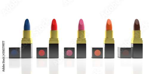 Lipstick, makeup. Lipsticks various colors isolated against white background