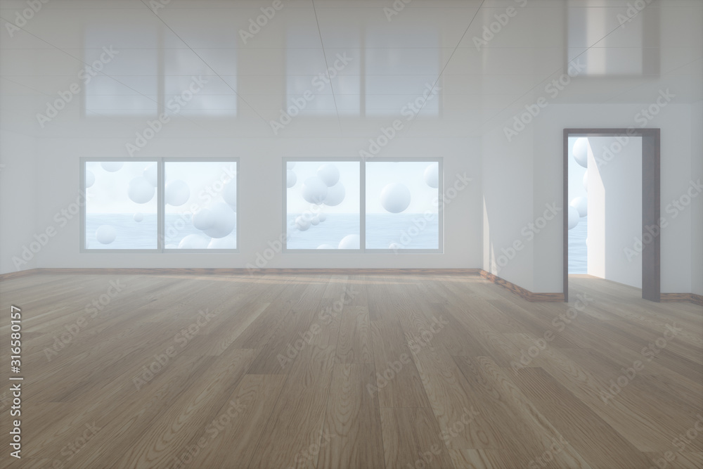 Spheres floating on the sea,empty room,abstract conception,3d rendering. Spheres floating on the sea,empty room,abstract conception,3d rendering.