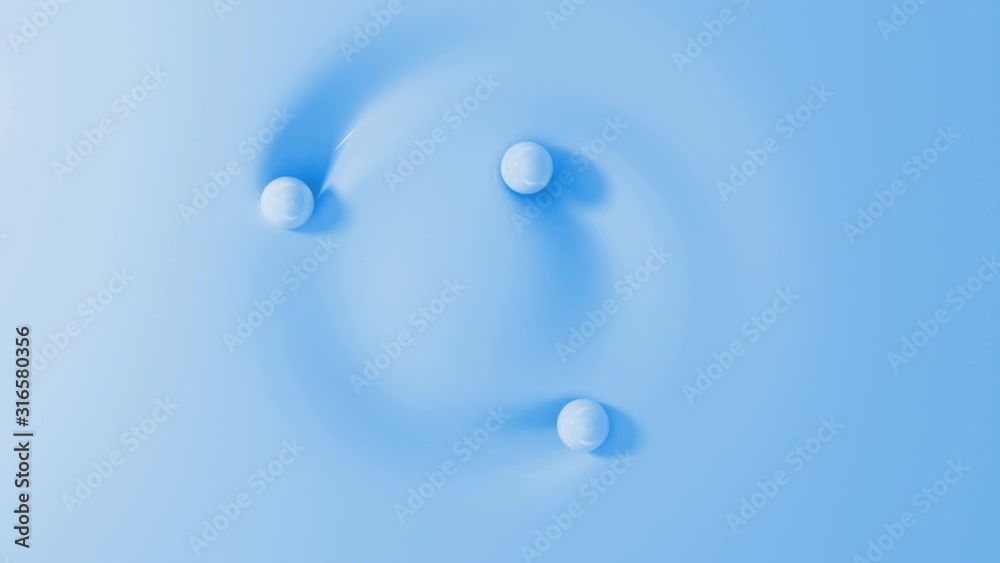 Three blue pastel balls rolling around circle on soft surface. Top view of spheres touching liquid material. 3D render animation. Seamless loop. Three blue pastel balls rolling around circle on soft surface. Top view of spheres touching liquid material. 3D render animation. Seamless loop.
