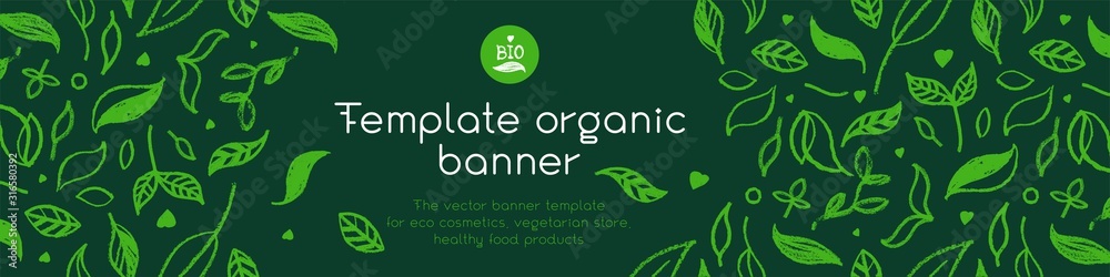 Banner organic ingredients, template design for healthy food concept, vegetarian food banner for eco store and market, eco-friendly background, green thinking concept, environmentally friendly banner.