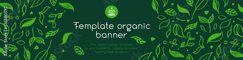 Banner organic ingredients, template design for healthy food concept, vegetarian food banner for eco store and market, eco-friendly background, green thinking concept, environmentally friendly banner. photo