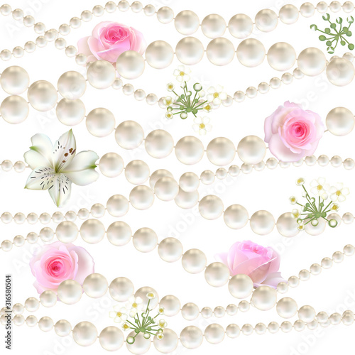 Pearls. Lily. Roses. Pink. Flowers. Seamless pattern. Floral background. White. Green. Leaves.