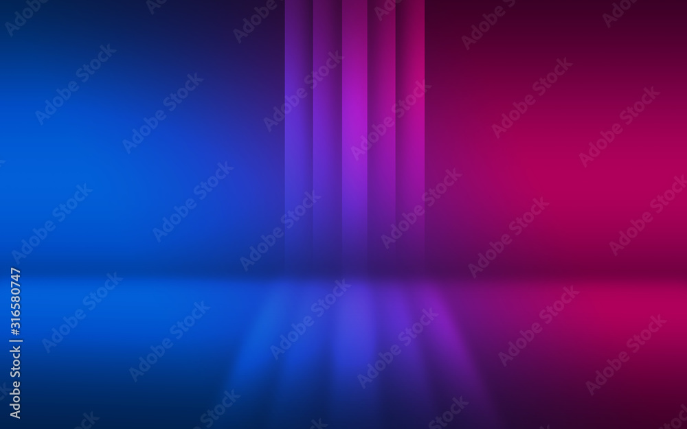 Abstract dark background with blue and pink neon glow. Neon luminous figure in the center of the stage.