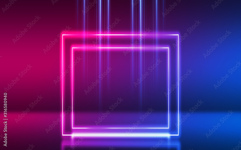Abstract dark background with blue and pink neon glow. Neon luminous figure in the center of the stage. Abstract dark background with blue and pink neon glow. Neon luminous figure in the center of the stage.