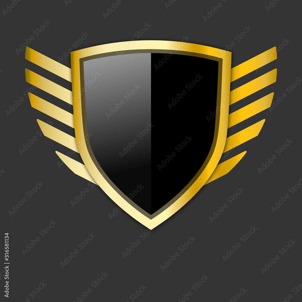 Gold winged sword with shield vector icon. • wall stickers font,  three-dimensional, brand name | myloview.com