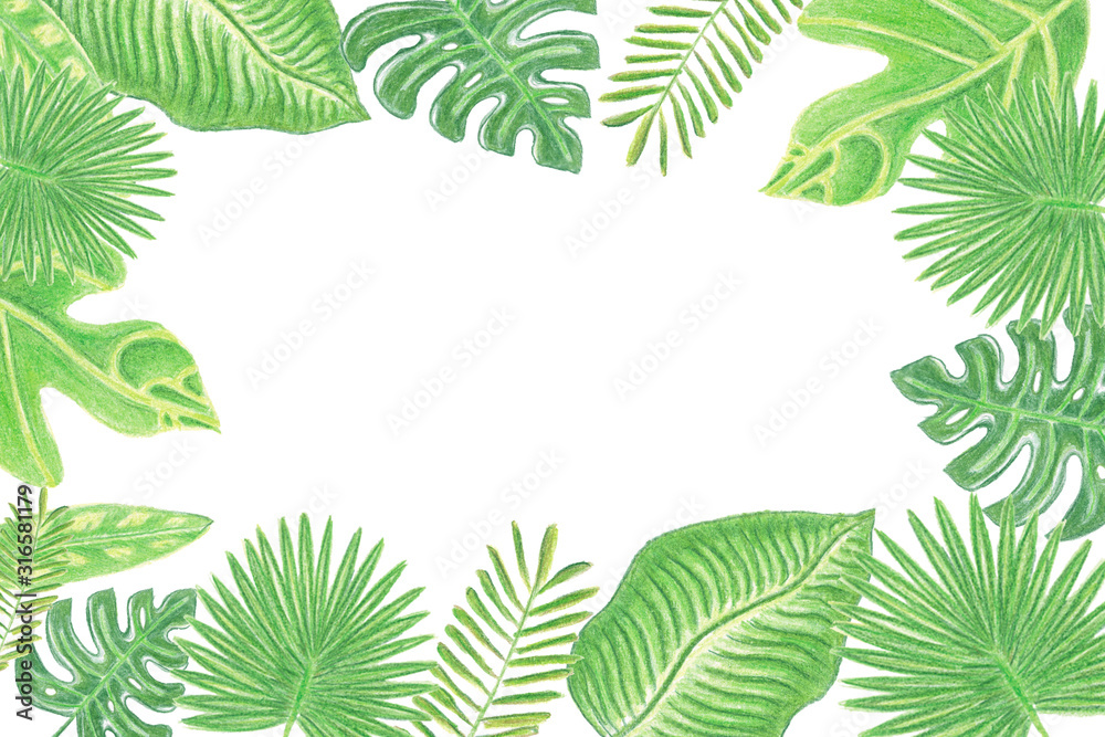 Green tropical frame with hand drawn watercolor pencils illustrations with leaves. Hello spring, hello summer, hammy 8 march, international woman's day, greeting card.