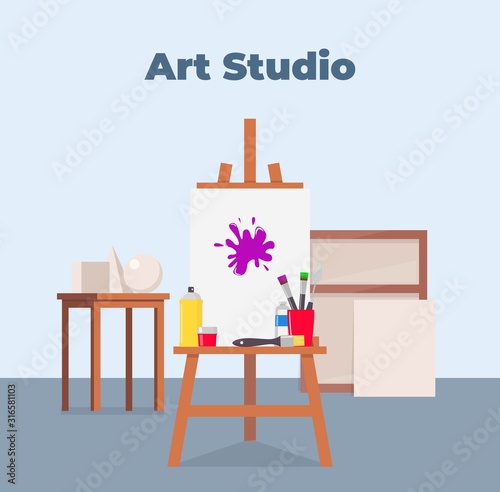 Art studio interior. Easel, canvas, paint and all necessary tools for drawing. Beautiful composition for advertising art studio. Vector flat illustration.