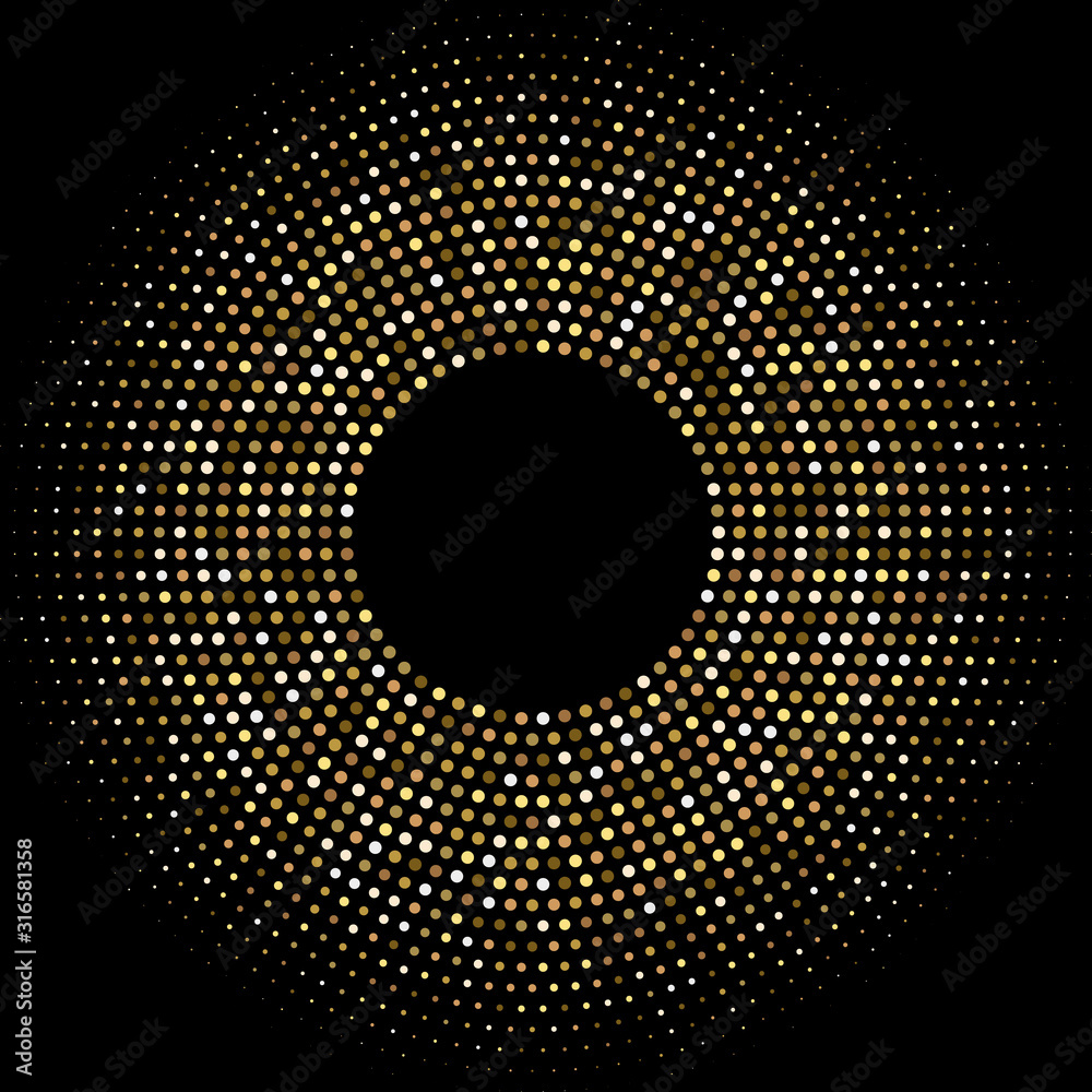 Golden halftone round frame. Abstract chaotic dots background