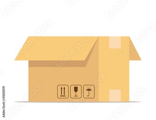 Open box. Carton delivery packaging with fragile signs. Box for packaging goods or belongings for moving. Vector illustration isolated on white.