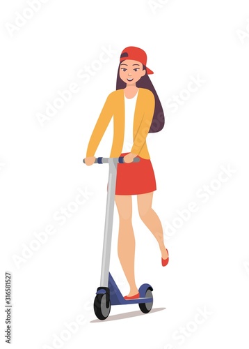 Cute girl riding kick scooter. Teen girl in short skirt, jacket and baseball cap rides on scooter. Young charming female character on kick scooter, vector in flat style.