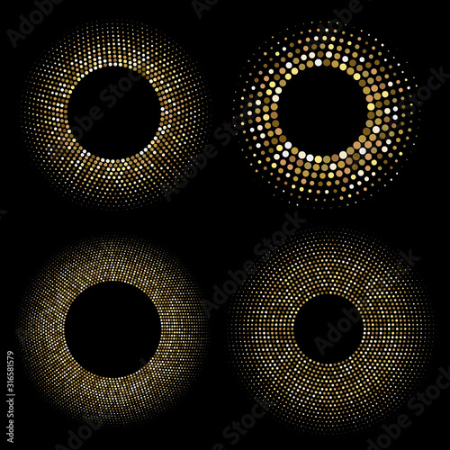 Golden halftone round frames set. Abstract chaotic dots background