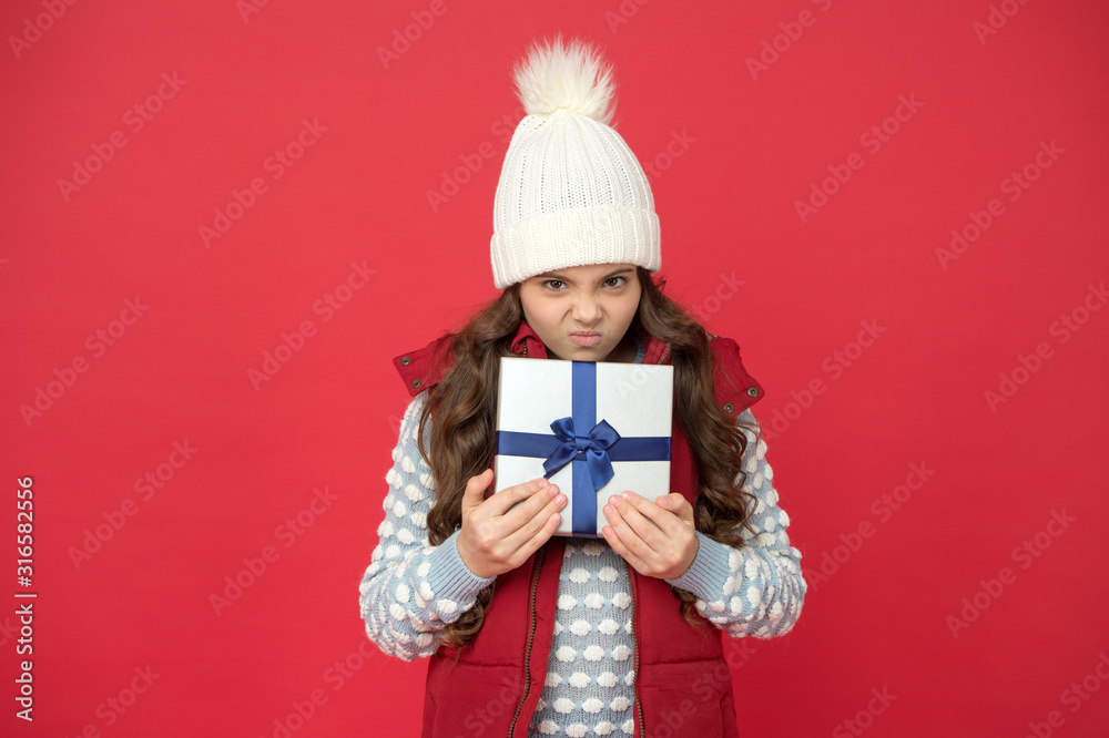 christmas gifts and souvenirs. prepare for winter holidays. make pleasant things. angry kid in winter outfit red background. new year is coming. small gift box for child. Thanks for your purchase christmas gifts and souvenirs. prepare for winter holidays. make pleasant things. angry kid in winter outfit red background. new year is coming. small gift box for child. Thanks for your purchase