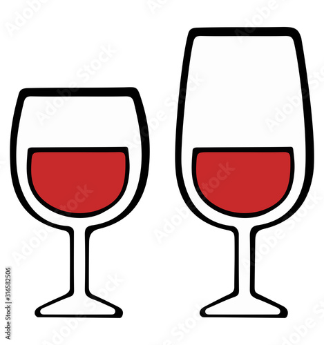 Two glasses with red wine. Pop Art. Retro style. Illustration. Isolated on a white background