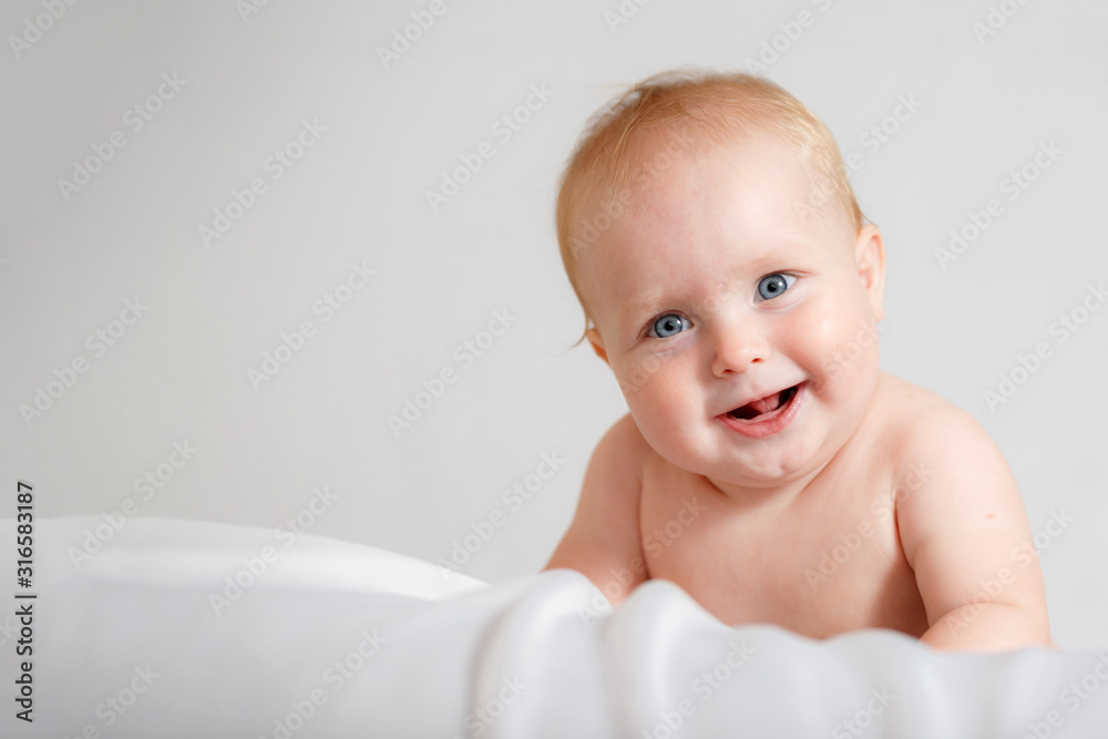 Happy Baby Smile Look Straight Beige Background Happy Baby Smile Look Straight Beige Background