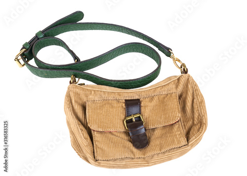Beige velvet handbag with green leather strap