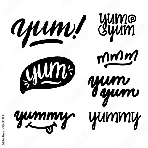 Set of Yum-yum inscription for stickers, advertising posters, menus and food industry. Symbol of delicious food photo
