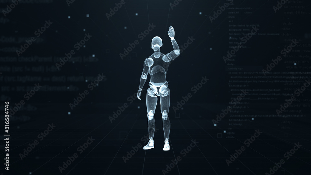 Fototapeta premium Human puppet waving his right hand on virtual 3d digital space with futuristic white hud. X-ray scan. Front view.