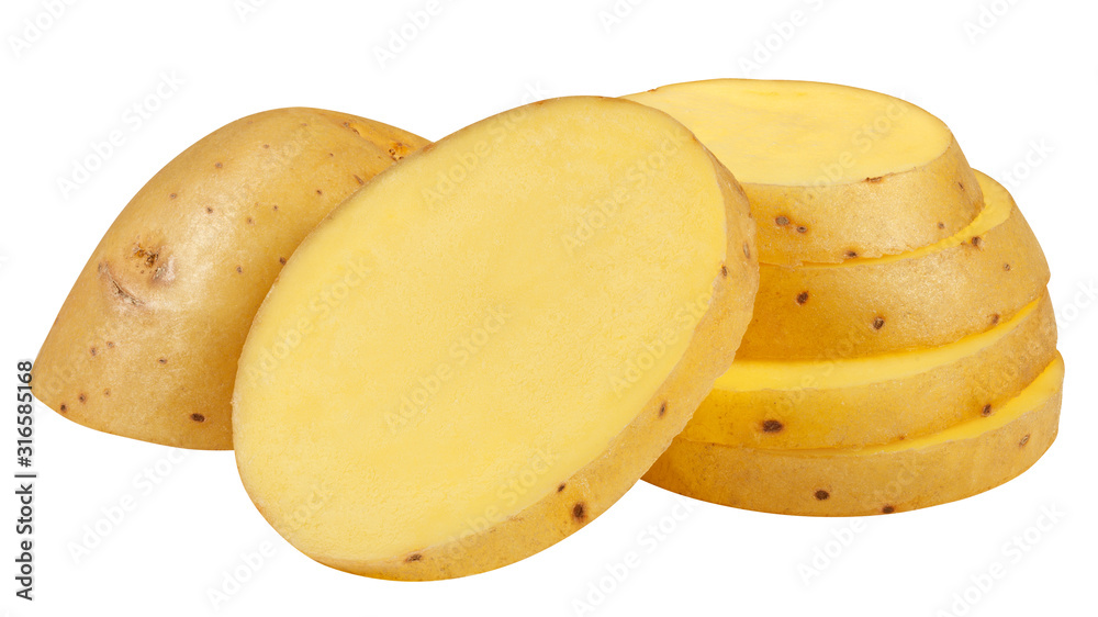 potato slice, isolated on white background, clipping path, full depth of field