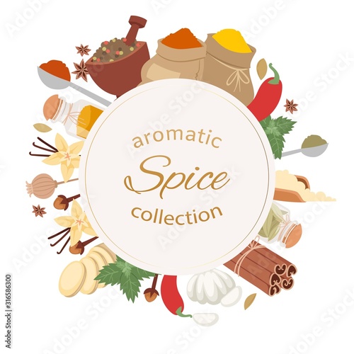 Aromatic spices collection, cartoon herbs and spices banner card circle frame with aroma and flavor ingredient of food condiments vector illustration. Cinnamon, cloves, pepper and herbs.