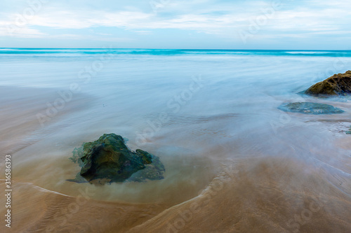 Awesome view of Achakar Beach in Tangier, Morocco. Amazing seascape of Atlantic Ocean.