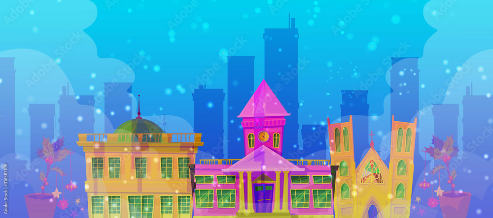 Christmas city mystic background with night street scene with victorian and georgian style houses, shops and other buildings in the snow vector illustration. Fairy old town or city christmas