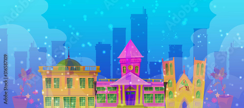 Christmas city mystic background with night street scene with victorian and georgian style houses, shops and other buildings in the snow vector illustration. Fairy old town or city christmas