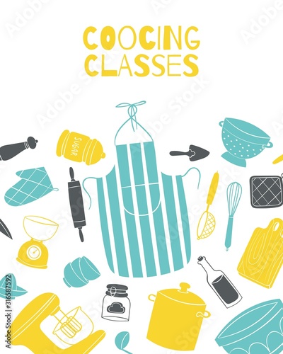 Cooking classes poster with kitchenware and pots on kitchen,board, chef cook apron vector illustration. Culinary school and cooks classes poster.
