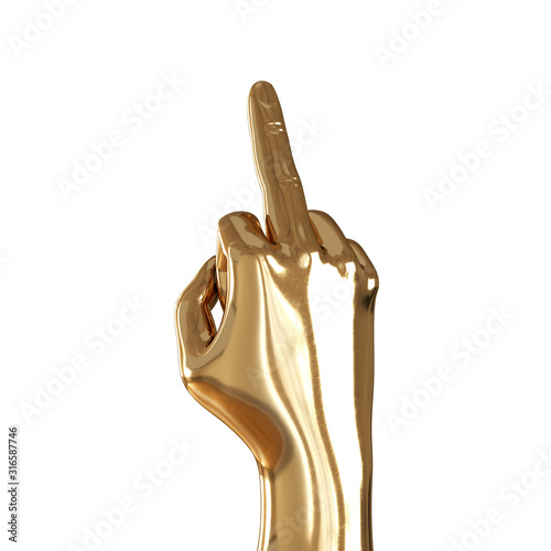 A golden hand with a raised up middle finger on a white background. 3d rendering