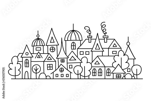 Hand-drawn small town in outline style. Vector doodle illustration with city panorama. Composition of ancient houses. Coloring page.
