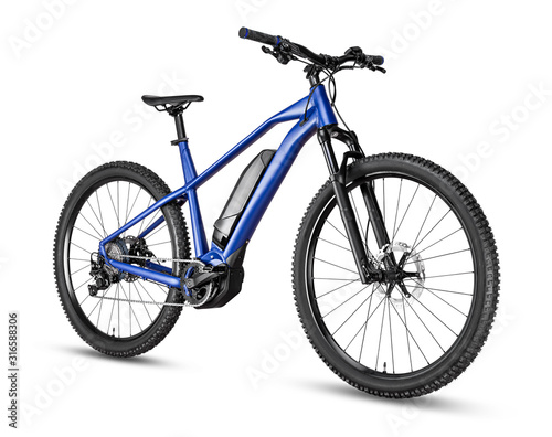 blue modern mid drive motor e bike pedelec with electric engine middle mount. battery powered ebike isolated white background. Innovation transportation concept.