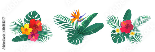 Tropical hawaii flower bouquet vector set. Composition with exotic plants in simple flat style for summer print design. Tropic element isolated on white background