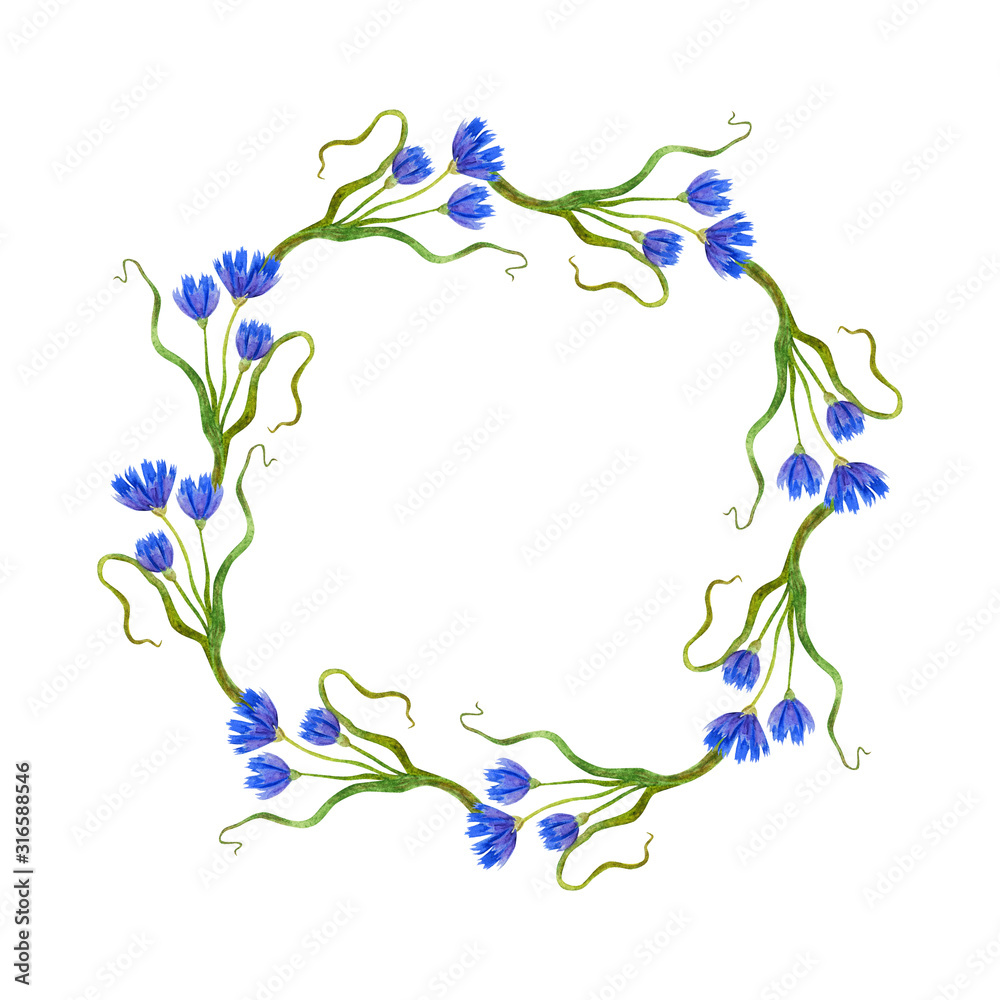 Watercolor illustration of a wreath of stylized cornflowers.