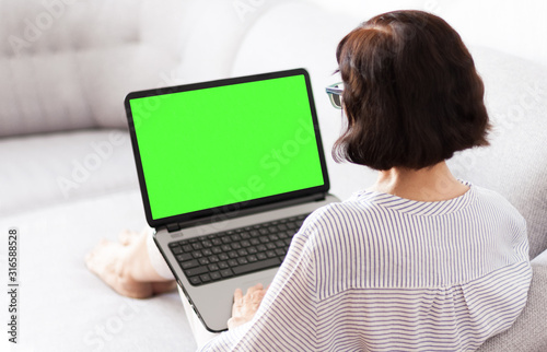 Middle-aged brunette woman with glasses on the gray sofa working on green screen laptop, soft focus.