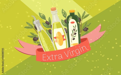 Extra virgin olive oil bottles with black olives and banner vector illustration. Green extra virgin oil glass jars for healthy organic and vegeterian food store poster.